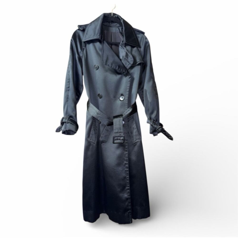 Vintage Pioggia Black Satin Double Breasted Trench Coat size 10
